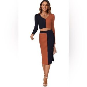 Long Sleeve Cropped Sweater Skirt Two Piece Outfit (XS)